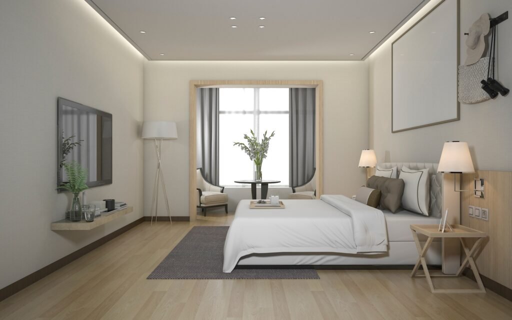 3d rendering luxury modern bedroom suite in hotel