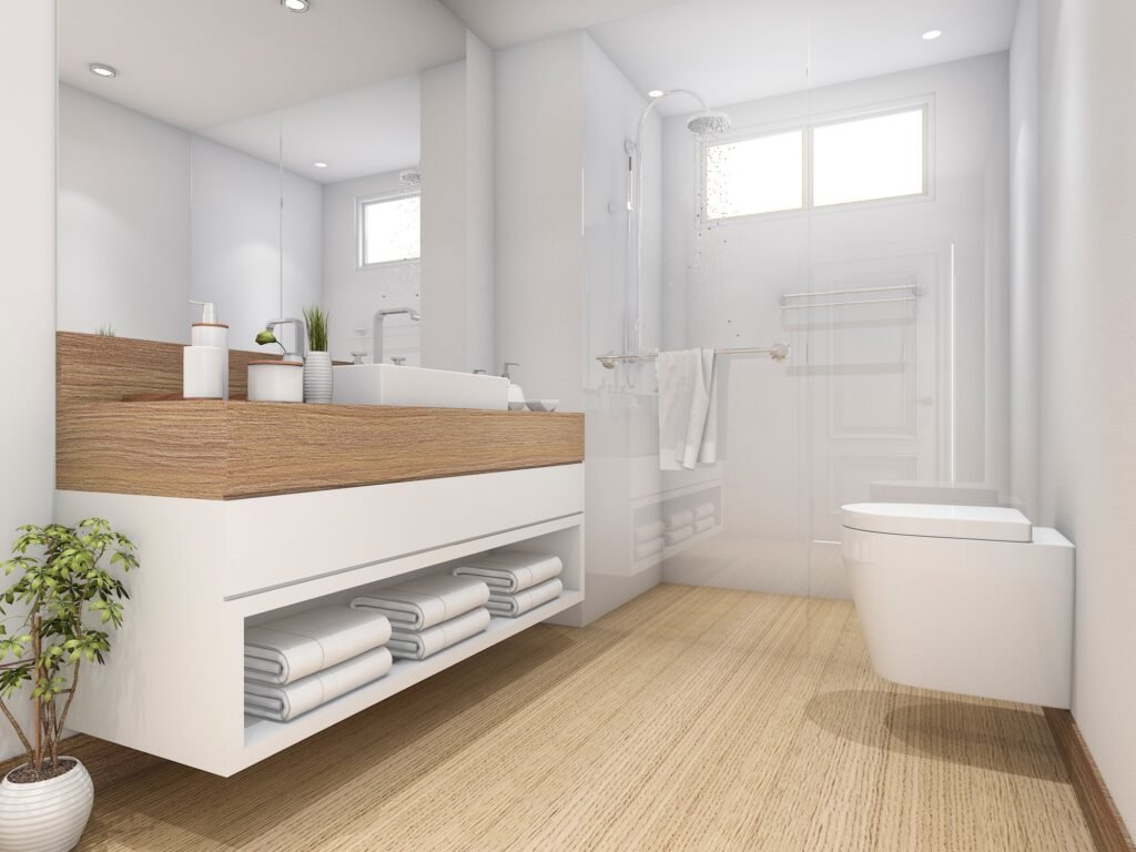 3d rendering white wood design bathroom and toilet